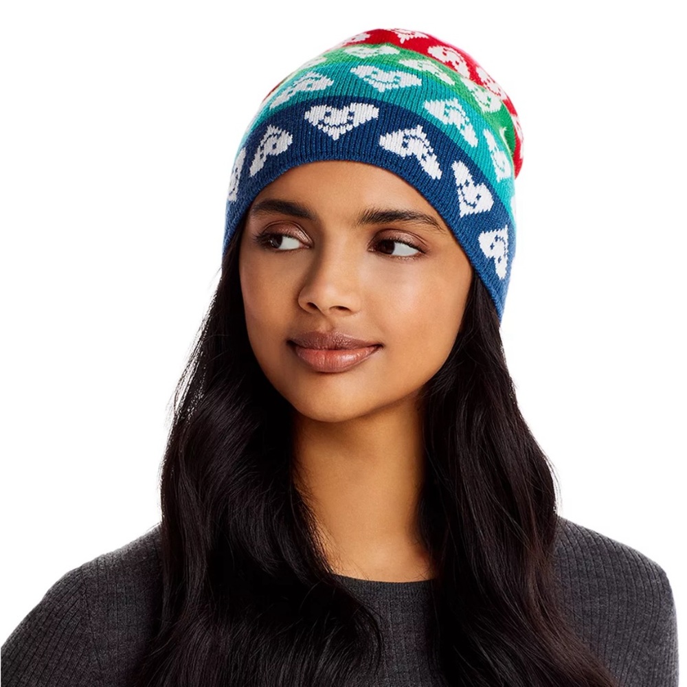 Aqua x Kerri Rosenthal Multicolor Heart Beanie/Hat FUN! One Size, Pink Multi NWT